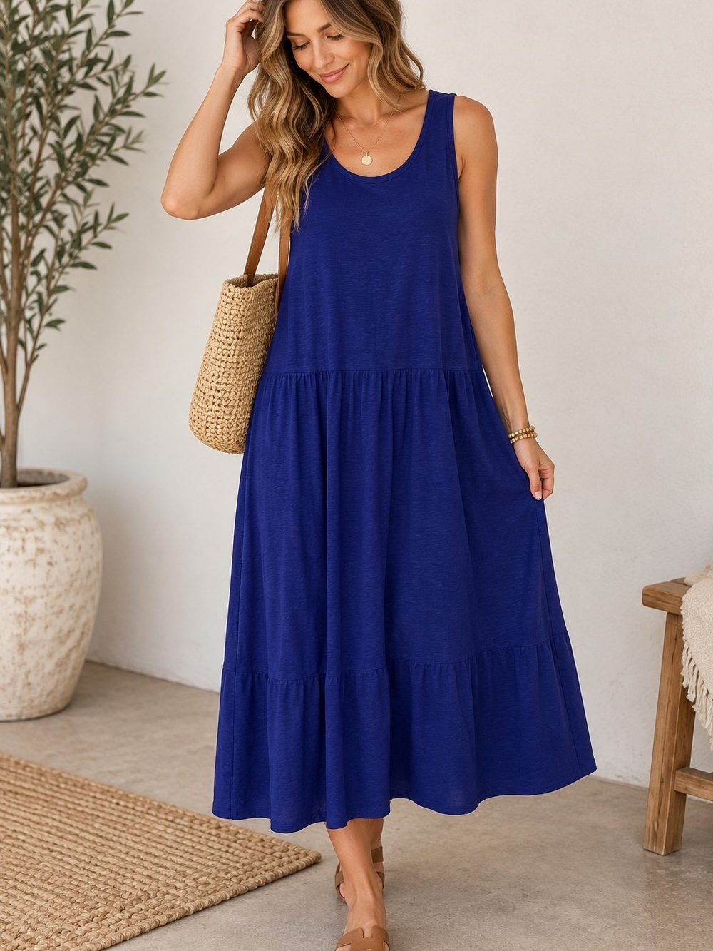 Eileen Fisher Blue Tiered Maxi Dress Large Cotton Blend Sleeveless
